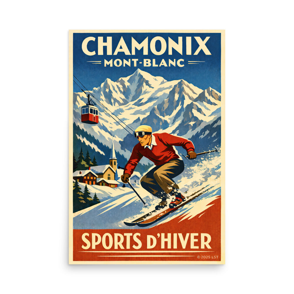 Chamonix Mont-Blanc — Sports d'Hiver original vintage style Art Deco ski travel poster giclée print gallery wall art 18×24 & 24×36 — front view | LongSkisTruck Museum Collection