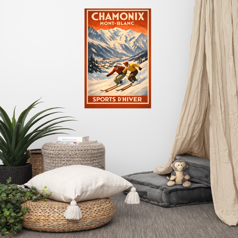 Chamonix Mont-Blanc Two Skiers | Art Deco Ski Poster Print