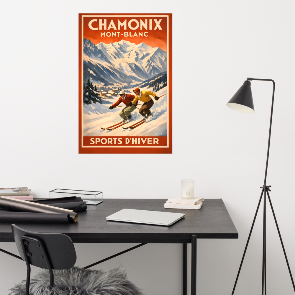 Chamonix Mont-Blanc Two Skiers | Art Deco Ski Poster Print