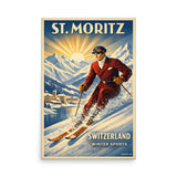 St. Moritz Birthplace of Winter original vintage style Art Deco ski travel poster giclée print gallery wall art 18×24 & 24×36 — front view | LongSkisTruck Museum Collection