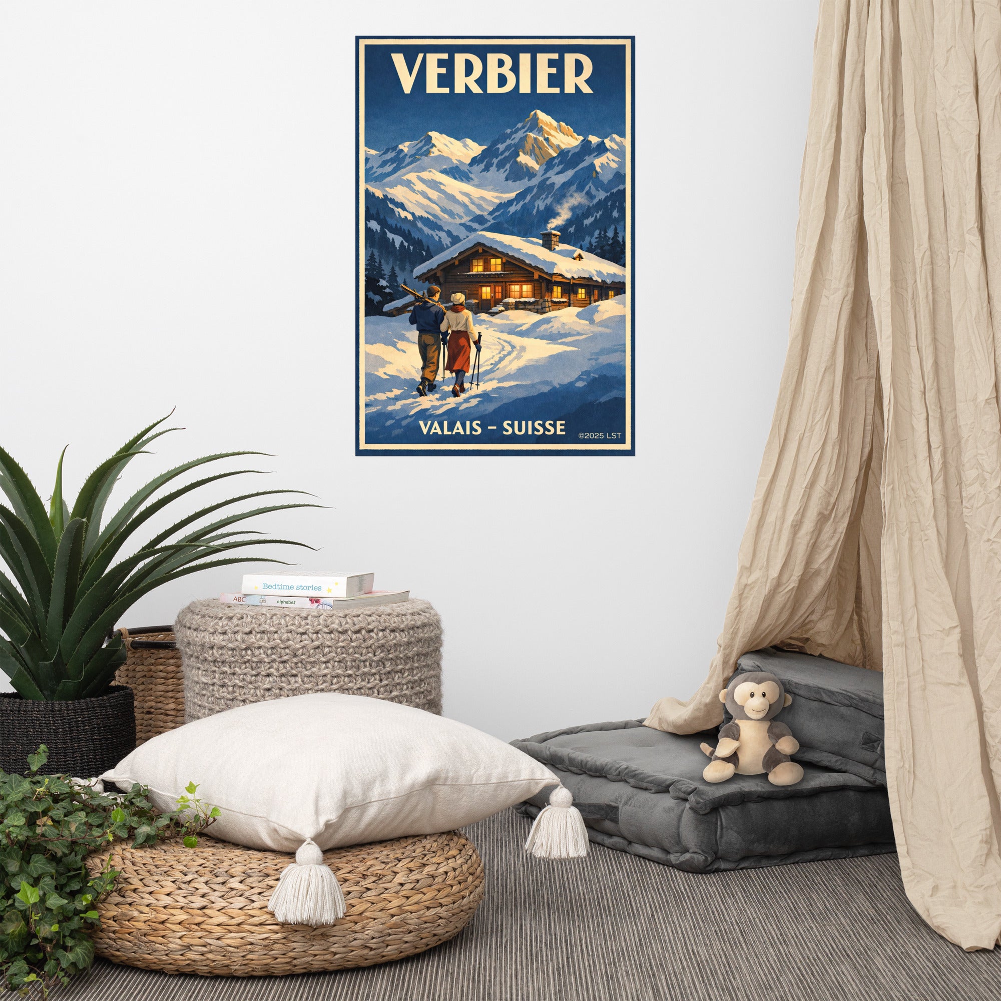 Verbier Switzerland Alpine Chalet | Art Deco Ski Poster Print
