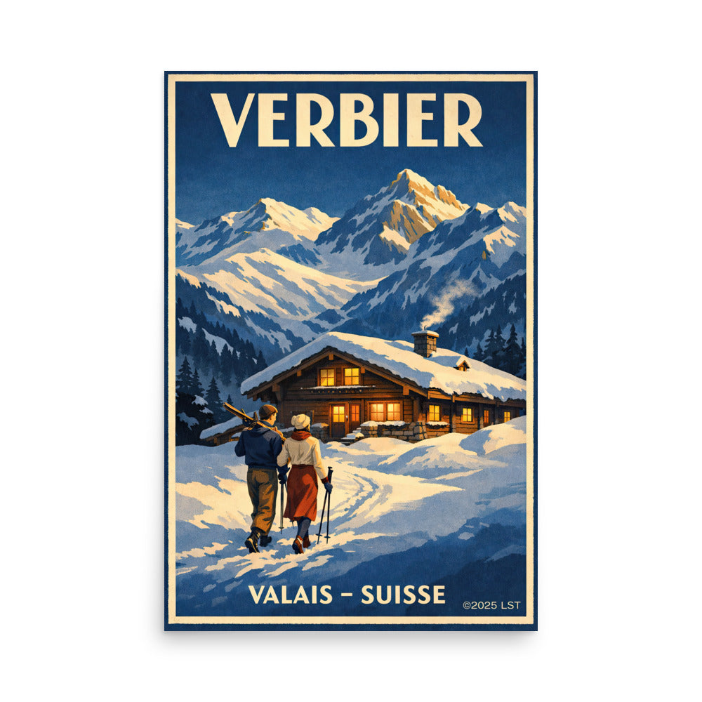 Verbier Switzerland Alpine Chalet original vintage style Art Deco ski travel poster giclée print gallery wall art 18×24 & 24×36 — front view | LongSkisTruck Museum Collection