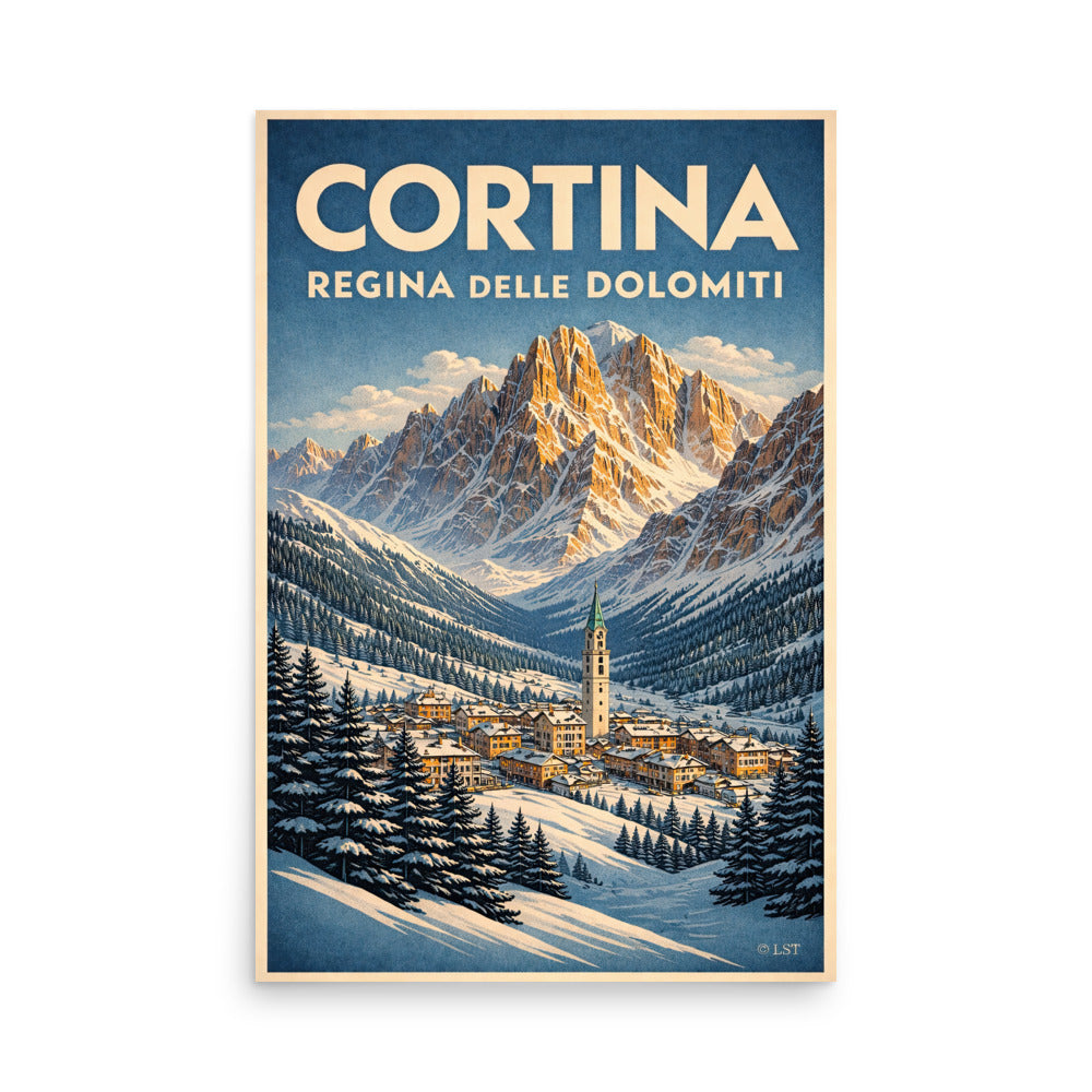 Cortina d'Ampezzo Regina delle Dolomiti original vintage style Art Deco ski travel poster giclée print gallery wall art 18×24 & 24×36 — front view | LongSkisTruck Museum Collection