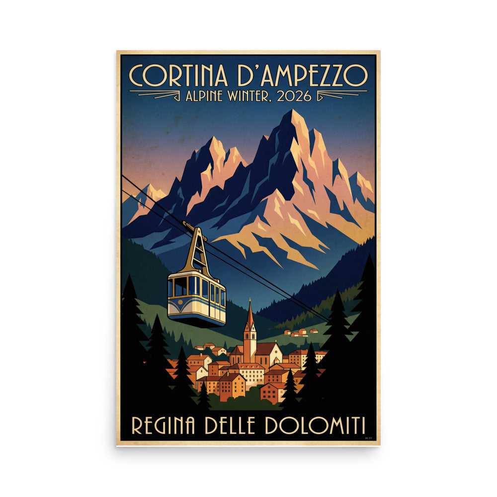 Cortina d'Ampezzo Alpine Winter 2026 Regina delle Dolomiti original vintage style Art Deco ski travel poster giclée print gallery wall art 18×24 & 24×36 — front view | LongSkisTruck Museum Collection
