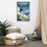 Kitzbühel Hahnenkamm Streif Tirol Österreich colorful winter ski and snowboard poster art for nursery or playroom displayed with floor cushions, tent, and stuffed animal