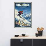 Kitzbühel Hahnenkamm Streif Tirol Österreich vintage style kitchen travel poster wall art displayed with coffee cups, cutting board, and wooden utensils