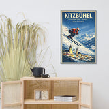 Kitzbühel Hahnenkamm Streif Tirol Österreich Art Deco ski print styled with boho home decor above rattan cabinet with tall dried grass and teapot