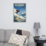 Kitzbühel Hahnenkamm Streif Tirol Österreich large retro apres ski mid-century modern travel poster wall decor displayed in a modern living room or family room with grey sofa, geometric pillows, and end table with lamp and books