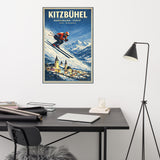 Kitzbühel Hahnenkamm Streif Tirol Österreich Art Deco ski or snowboard poster for office or man cave wall decor displayed in modern workspace with desk, laptop, floor lamp, and swivel chair
