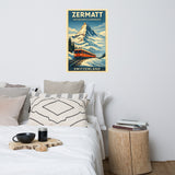 Zermatt Matterhorn and Gornergrat Railway cozy winter alpine lodge chalet home decor art print displayed above bed in modern bedroom with wood stump side table, books, and morning coffee