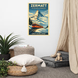 Zermatt Matterhorn and Gornergrat Railway colorful winter ski and snowboard poster art for nursery or playroom displayed with floor cushions, tent, and stuffed animal