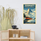 Zermatt Matterhorn and Gornergrat Railway Art Deco ski print styled with boho home decor above rattan cabinet with tall dried grass and teapot