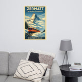 Zermatt Matterhorn and Gornergrat Railway large retro apres ski mid-century modern travel poster wall decor displayed in a modern living room or family room with grey sofa, geometric pillows, and end table with lamp and books