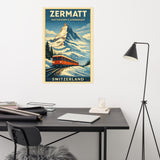 Zermatt Matterhorn and Gornergrat Railway Art Deco ski or snowboard poster for office or man cave wall decor displayed in modern workspace with desk, laptop, floor lamp, and swivel chair