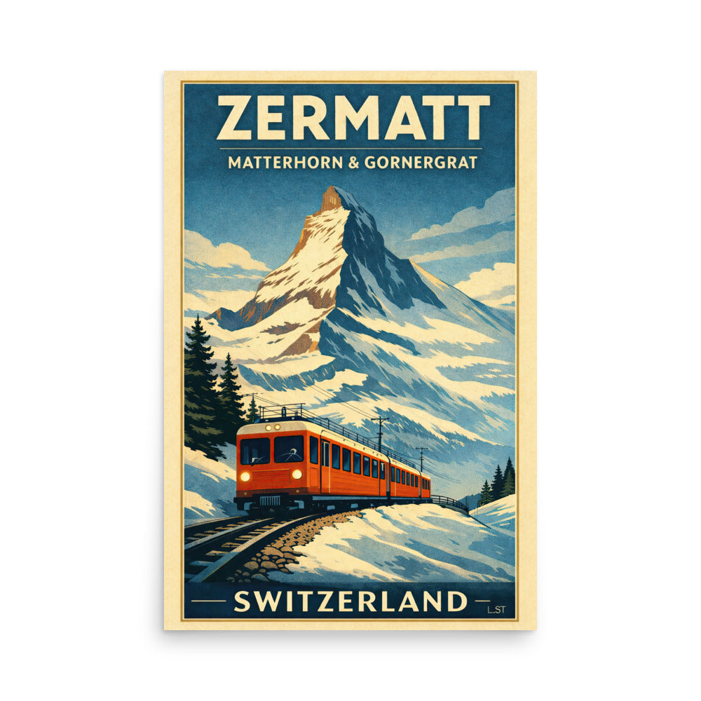 Zermatt Matterhorn and Gornergrat Railway original vintage style Art Deco ski travel poster giclée print gallery wall art 18×24 & 24×36 — front view | LongSkisTruck Museum Collection