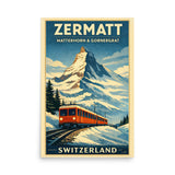 Zermatt Matterhorn and Gornergrat Railway original vintage style Art Deco ski travel poster giclée print gallery wall art 18×24 & 24×36 — front view | LongSkisTruck Museum Collection