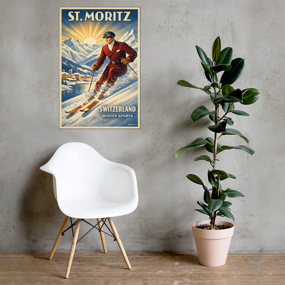 St. Moritz Birthplace of Winter | Art Deco Ski Poster Print