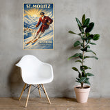 St. Moritz Birthplace of Winter rustic alpine ski resort lodge cabin mountain wall art poster displayed on creamy white terra cotta wall next to large floor plant, above a white mid century modern plastic arm chair