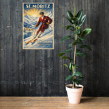St. Moritz Birthplace of Winter rustic alpine ski resort lodge cabin mountain wall art poster displayed on barnwood wall next to large floor plant