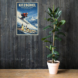 Kitzbühel Hahnenkamm Streif Tirol Österreich rustic alpine ski resort lodge cabin mountain wall art poster displayed on barnwood wall next to large floor plant
