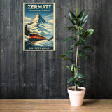 Zermatt Matterhorn and Gornergrat Railway rustic alpine ski resort lodge cabin mountain wall art poster displayed on barnwood wall next to large floor plant