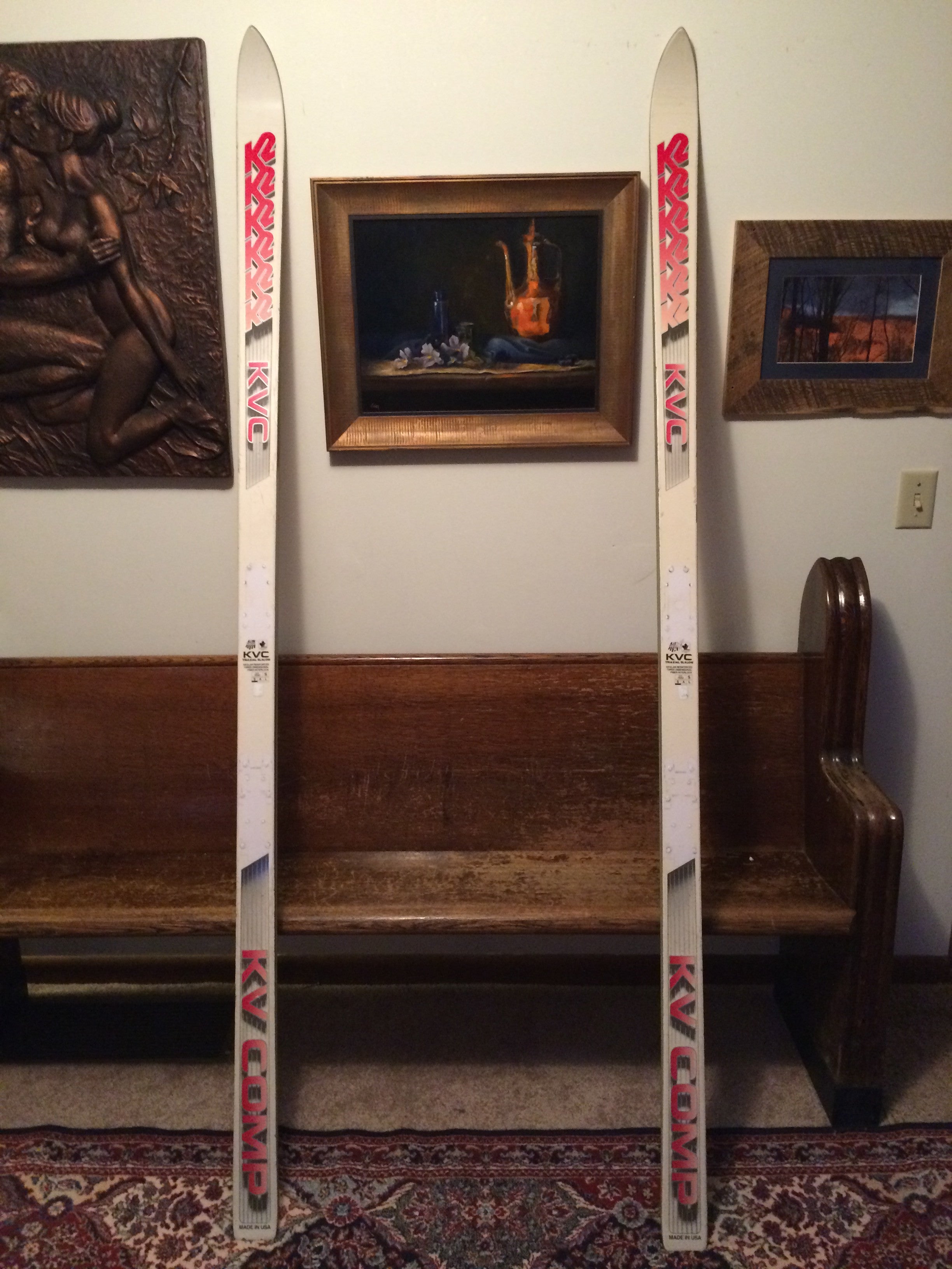 K2 KVC KV Comp 204cm — pair of skis standing upright full-length top sheet view | LongSkisTruck